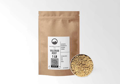 Sacred Plant Co Valerian Root 1 LB kraft stand-up pouch shown with a sample of the herb.