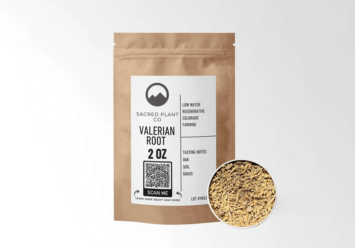 Sacred Plant Co Valerian Root 2 oz in a kraft stand-up pouch with a sample in a silver tin.