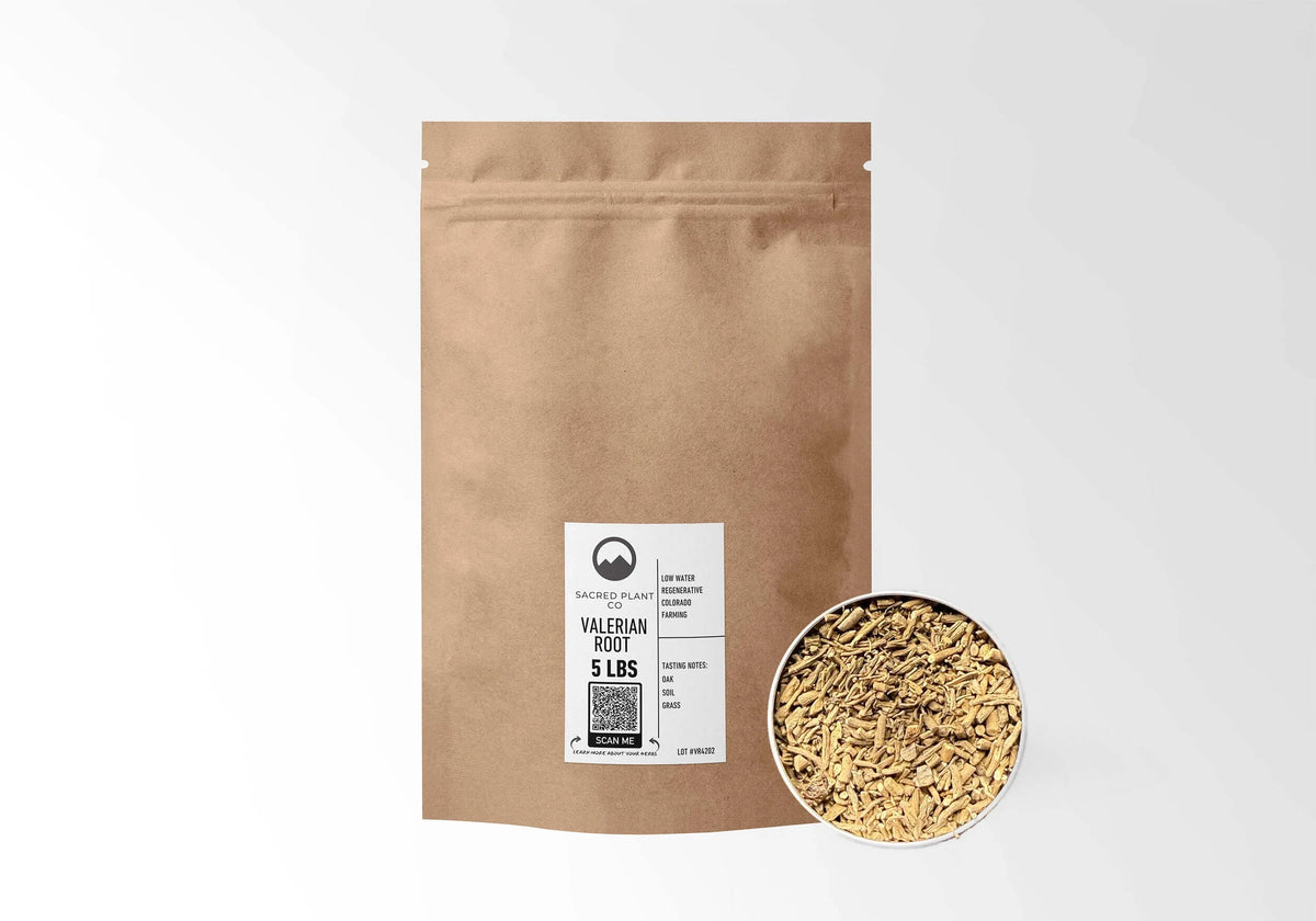 Sacred Plant Co Valerian Root 5 LBS kraft stand-up pouch shown with a sample of the herb.