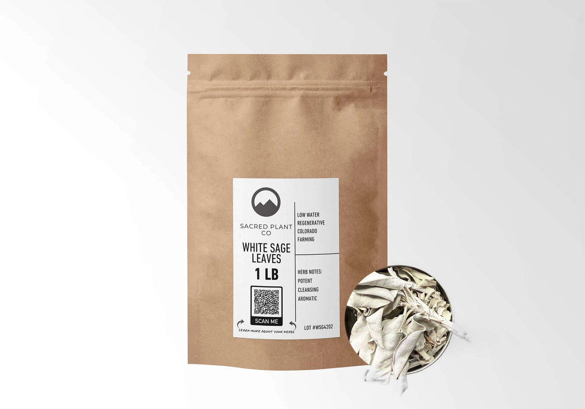 Sacred Plant Co White Sage 1 LB kraft stand-up pouch shown with a sample of the herb.