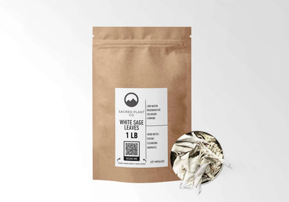 Sacred Plant Co White Sage 1 LB kraft stand-up pouch shown with a sample of the herb.