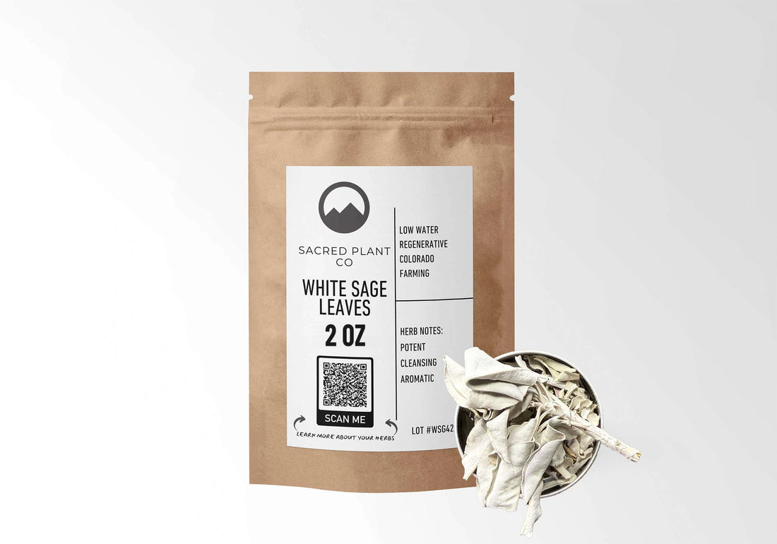 Sacred Plant Co White Sage 2 oz in a kraft stand-up pouch with a sample in a silver tin.