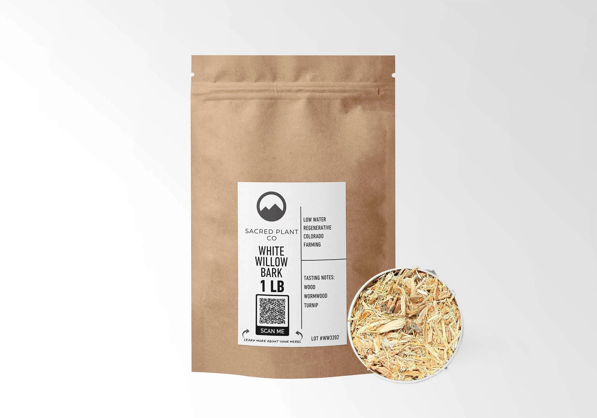 Sacred Plant Co White Willow Bark 1 LB kraft stand-up pouch shown with a sample of the herb.