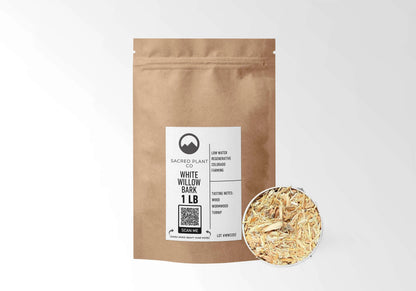 Sacred Plant Co White Willow Bark 1 LB kraft stand-up pouch shown with a sample of the herb.