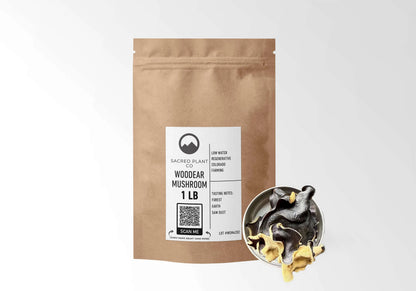 Sacred Plant Co Woodear Mushroom 1 LB kraft stand-up pouch shown with a sample of the mushroom.