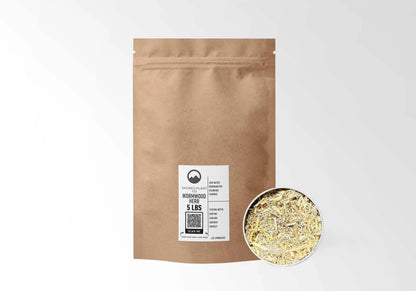 Sacred Plant Co Wormwood 5 LBS kraft stand-up pouch shown with a sample of the herb.