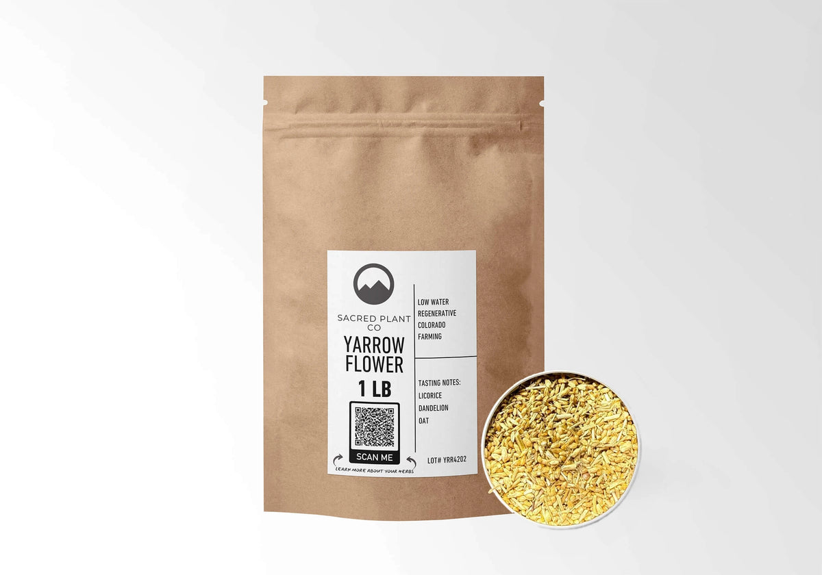 Sacred Plant Co Yarrow Flower 1 LB kraft stand-up pouch shown with a sample of the herb.
