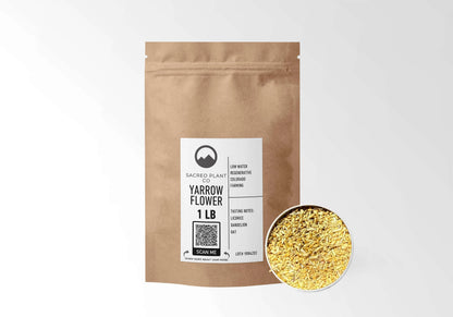 Sacred Plant Co Yarrow Flower 1 LB kraft stand-up pouch shown with a sample of the herb.