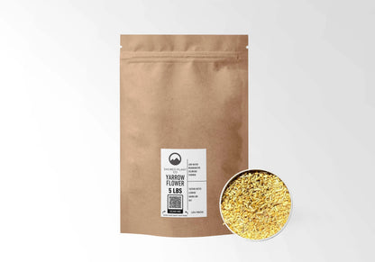 Sacred Plant Co Yarrow Flower 5 LBS kraft stand-up pouch shown with a sample of the herb.