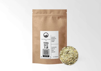 Sacred Plant Co Yerba Mate Leaf 1 LB kraft stand-up pouch shown with a sample of the herb.