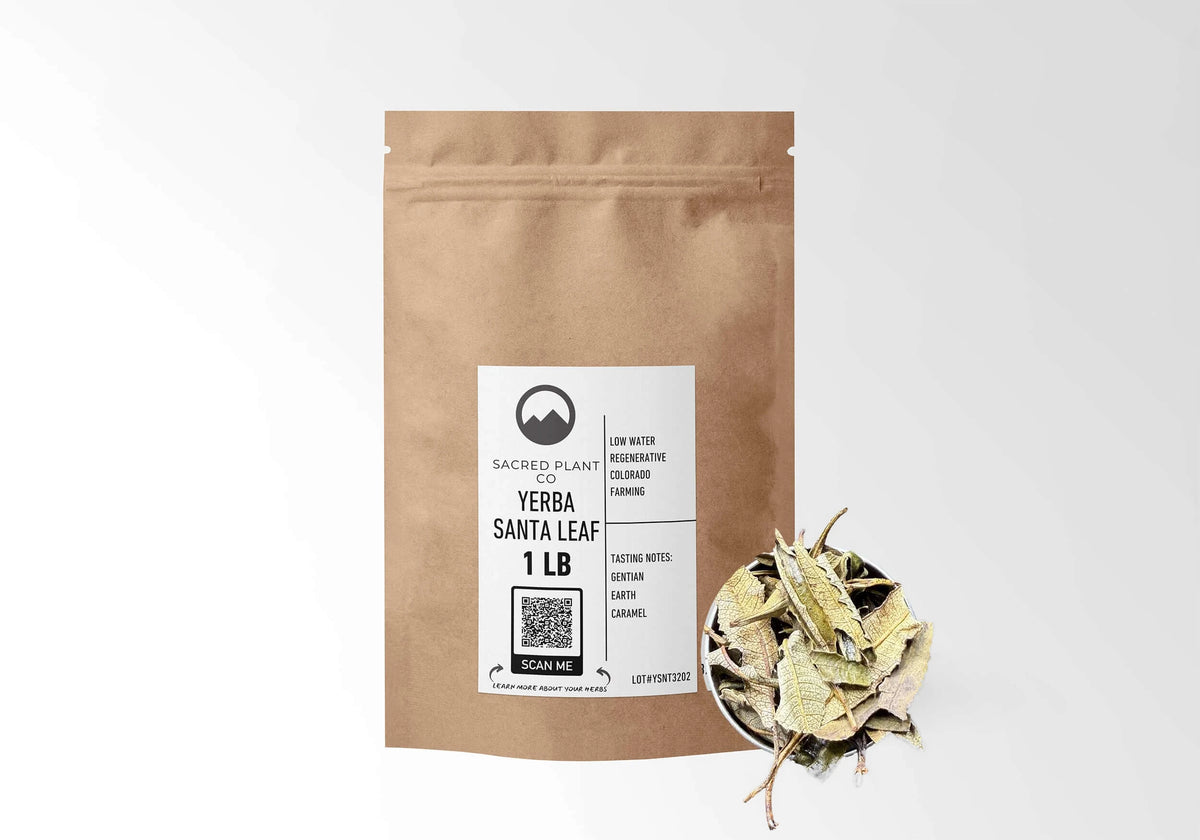 Sacred Plant Co Yerba Santa Leaf 1 LB kraft stand-up pouch shown with a sample of the herb.