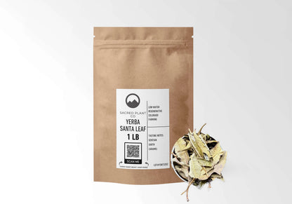Sacred Plant Co Yerba Santa Leaf 1 LB kraft stand-up pouch shown with a sample of the herb.