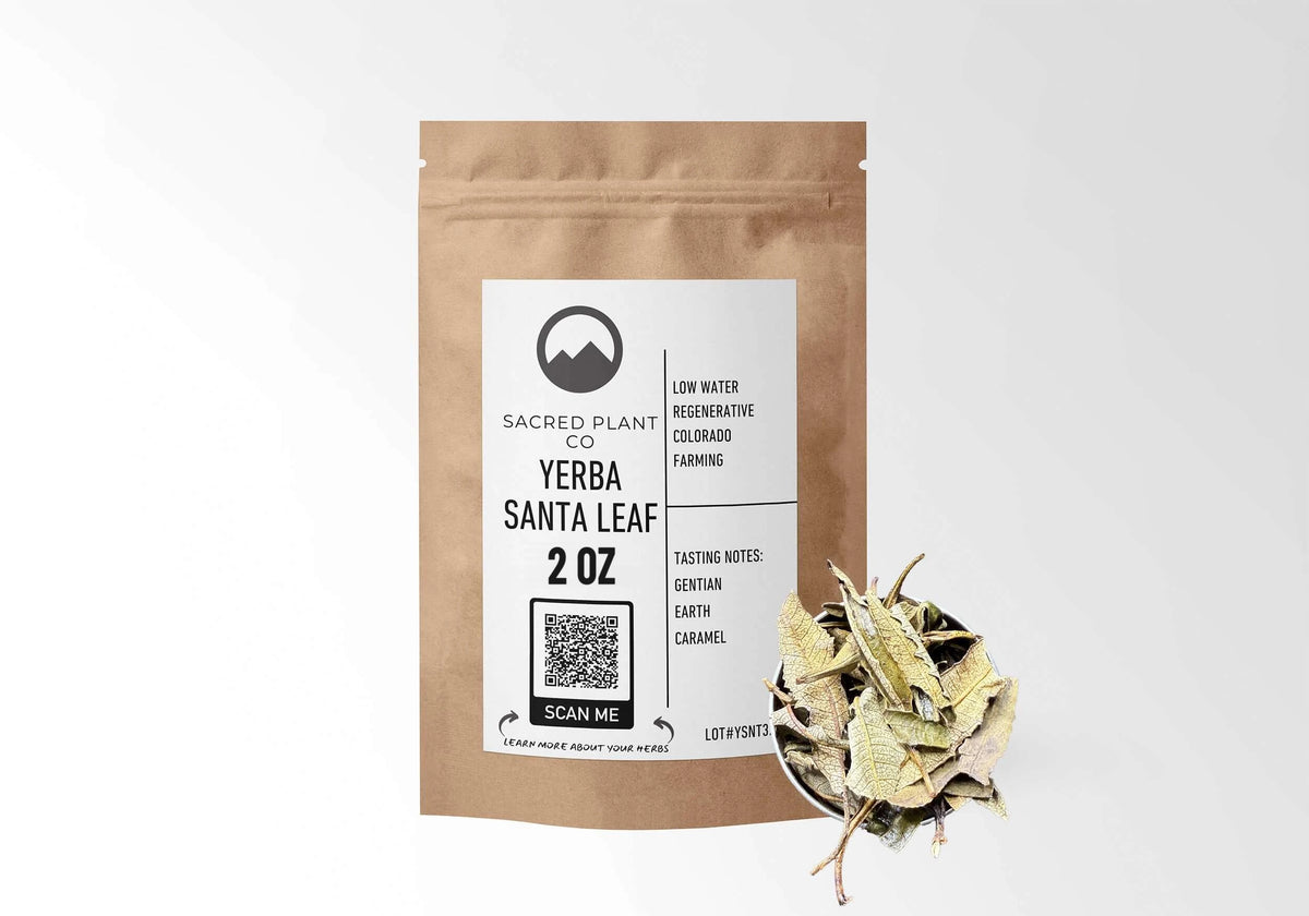 Sacred Plant Co Yerba Santa Leaf 2 oz in a kraft stand-up pouch with a sample in a silver tin.