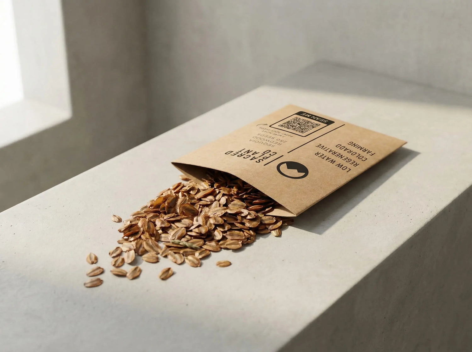 Sacred Plant Co Giant Sequoia seeds spilling from kraft envelope in warm window light.