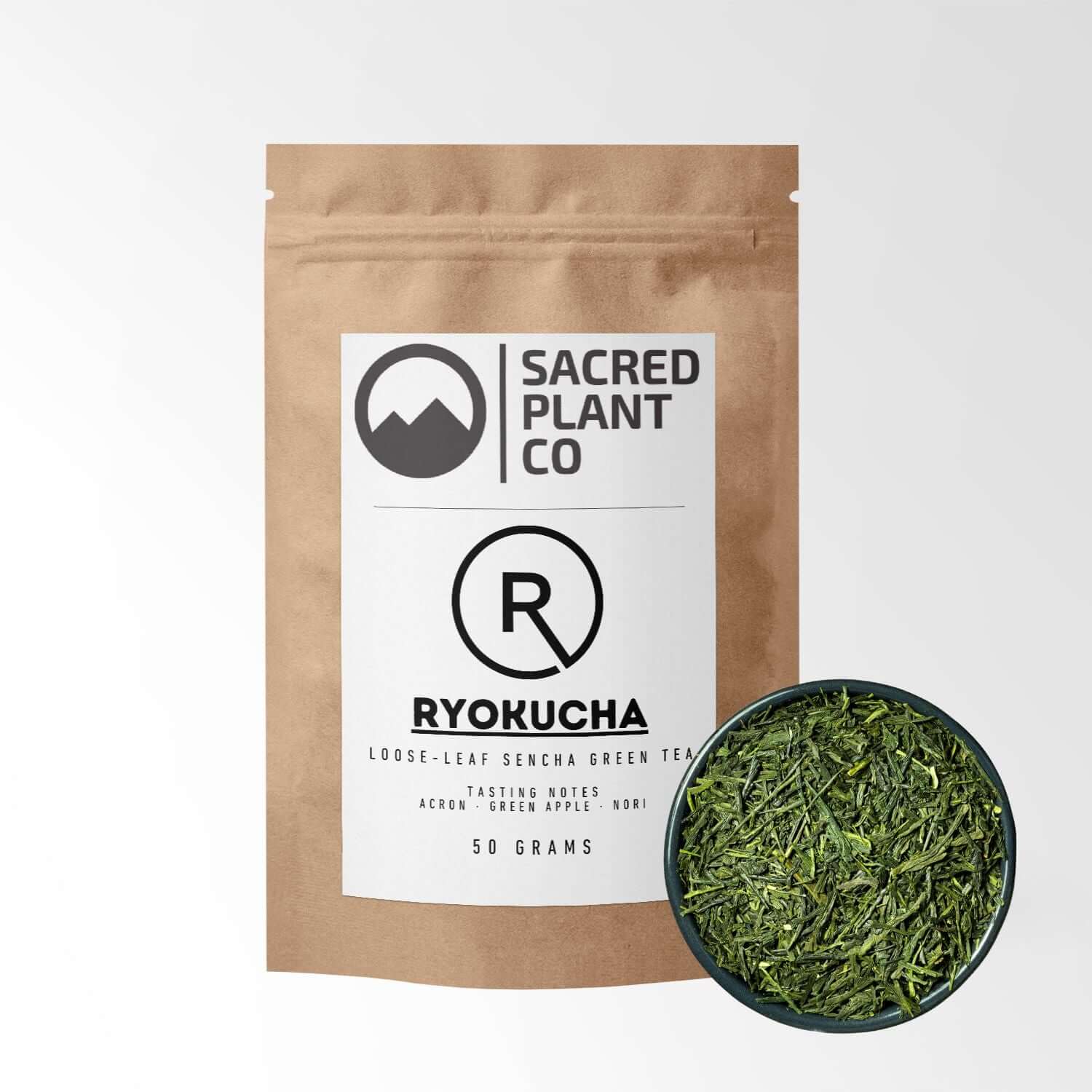 Ryokucha loose leaf sencha green tea in clear bag showing vibrant green needle-shaped leaves