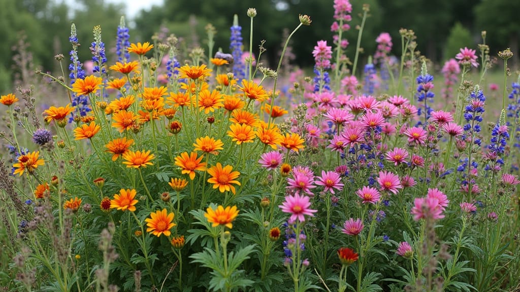Southwest Wildflower Mix with golden orange daisies, pink asters and spires of blue lupine in full bloom