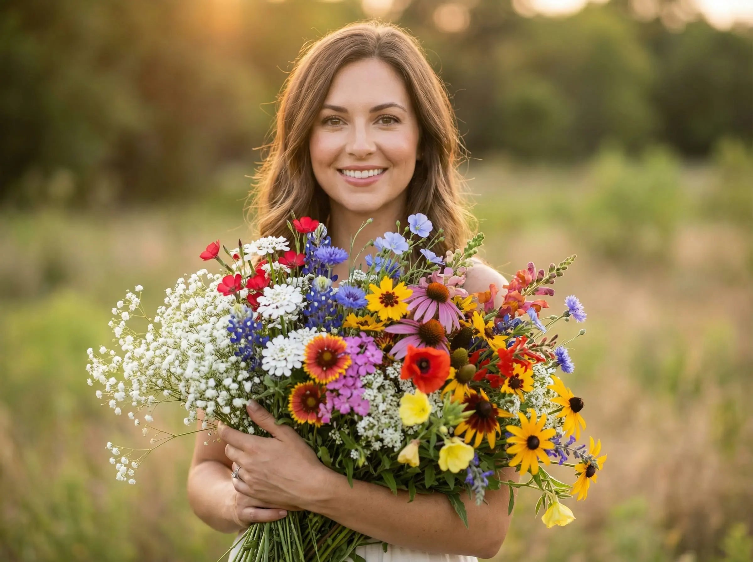 Bouquet of Southwest wildflowers, echinacea, coreopsis, blue flax, gaillardia, baby’s breath, annual phlox, and scarlet flax, held by a smiling woman in a meadow.