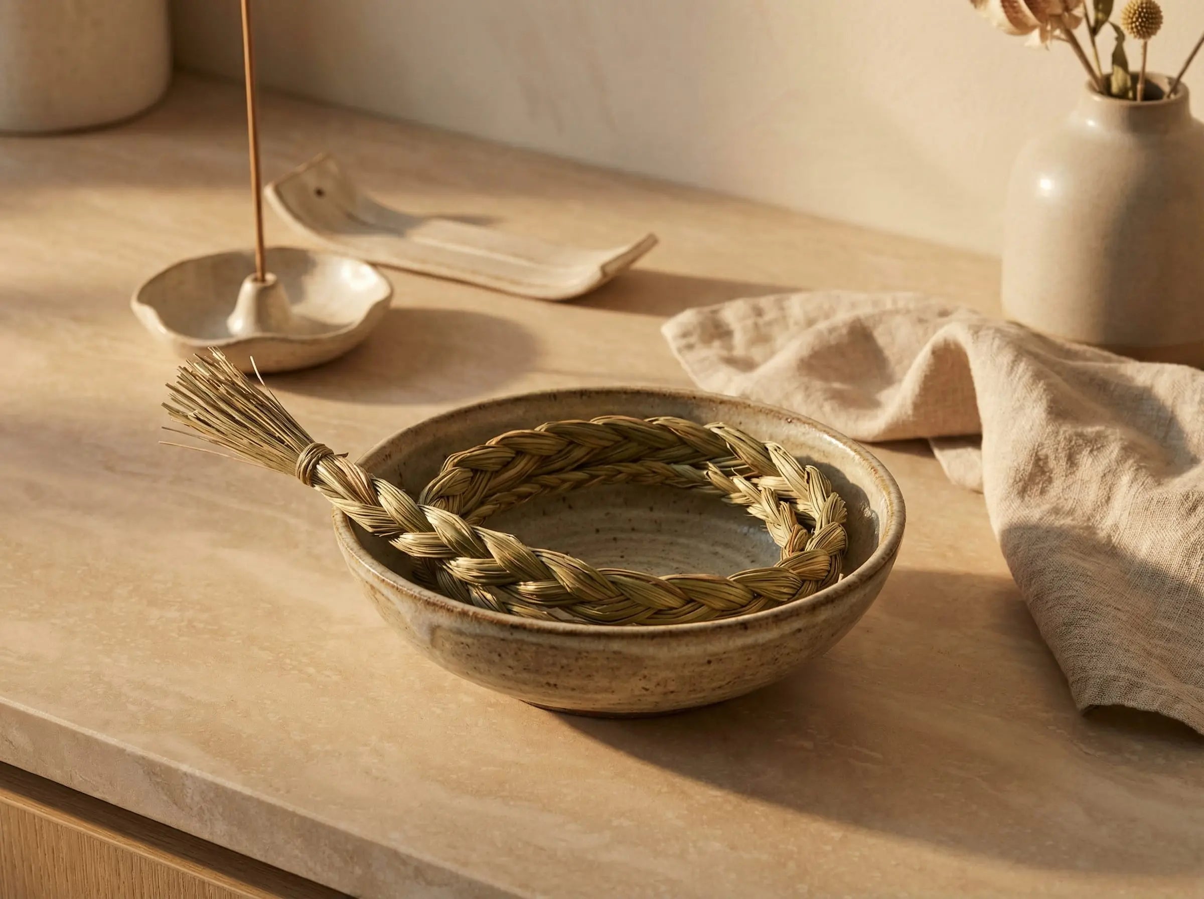Braided sweetgrass arranged in a ceramic bowl on a warm stone countertop with soft morning light.