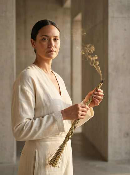 Woman in neutral linen holding a lit sweetgrass braid as gentle smoke rises in a calm minimalist interior.”