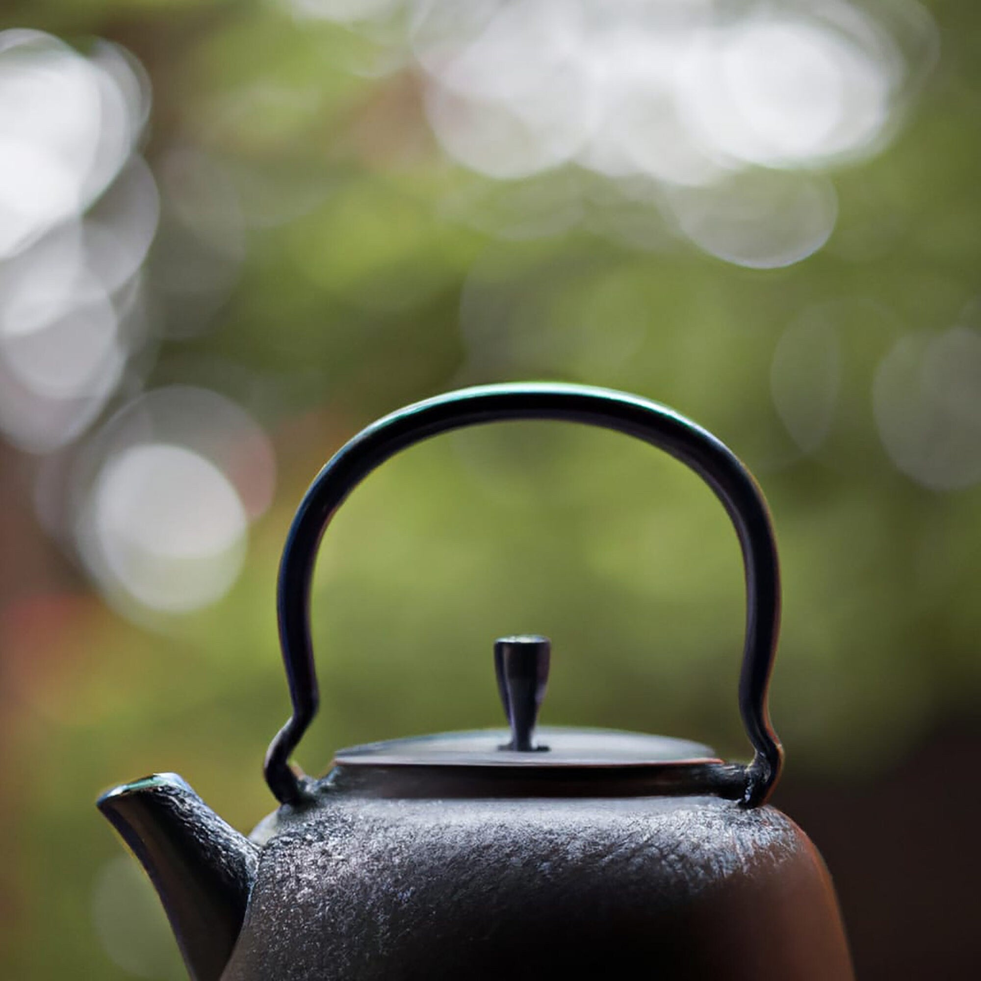A classic cast iron teapot, the perfect vessel for steeping loose leaf green tea, set against a blurred natural background.