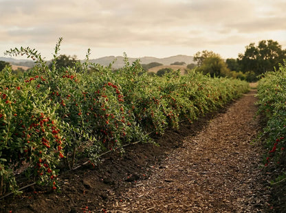 Sustainably grown Goji berry bushes cultivated in deep, carbon-rich mulch  for our sweet, chewy bulk Lycii berries.