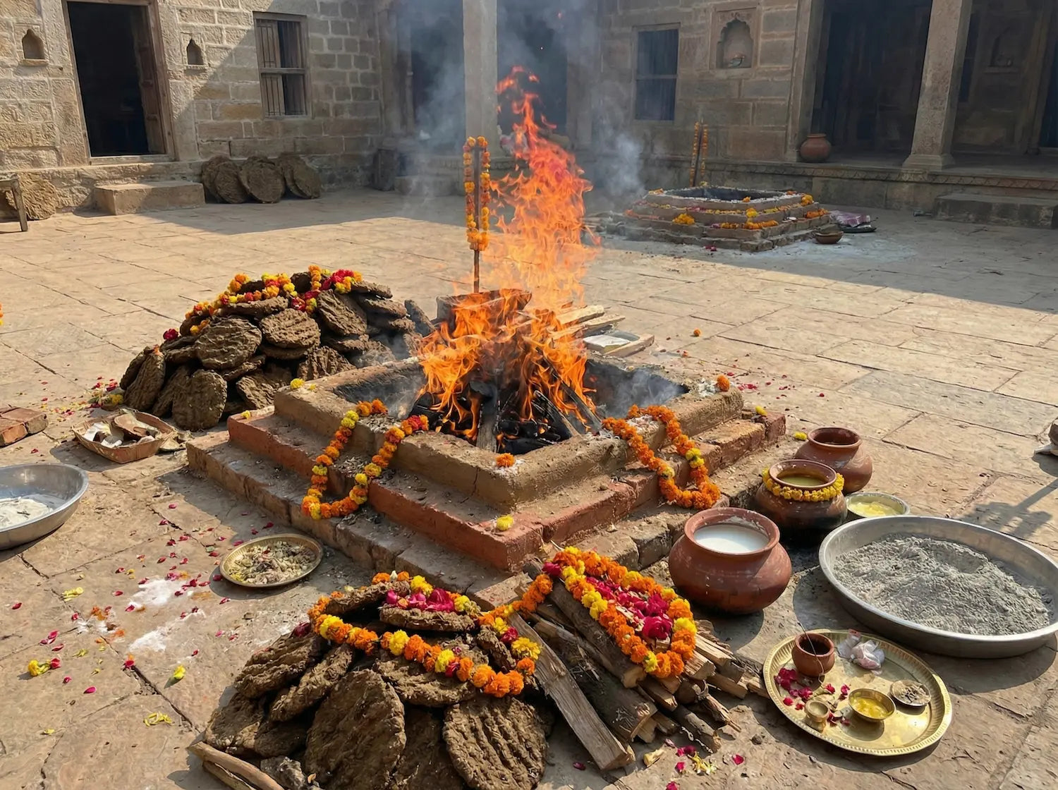 Traditional preparation of Vibhuti ash showing a sacred Homa fire ritual using dried cow dung cakes, ghee, and marigold garlands in an outdoor courtyard.