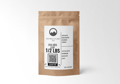 Half-pound package of Sacred Plant Co Uva Ursi Leaf featuring low water regenerative Colorado farming and QR code for more information.