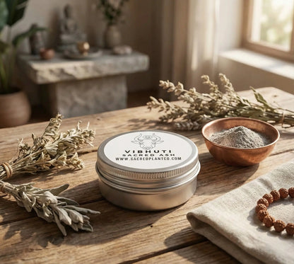 A silver tin of Vibhuti Sacred Ash sitting on a sunlit wooden altar table next to prayer mala beads, a copper bowl, and dried herbs.