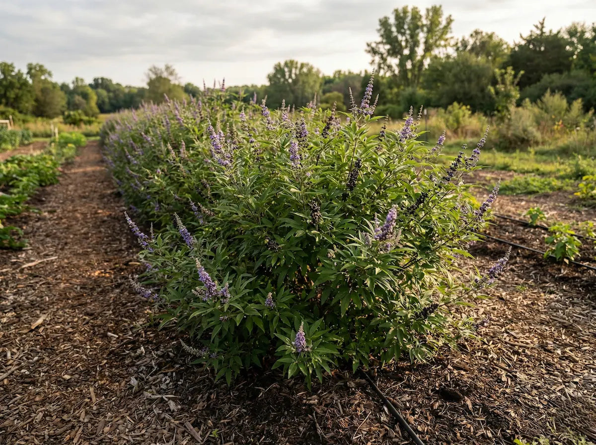 Blooming Chasteberry thriving in carbon-rich regenerative mulch for premium Vitex agnus-castus women&