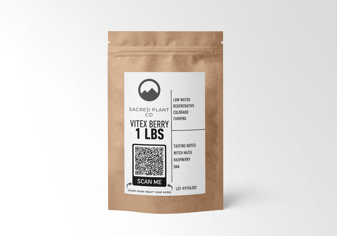 One-pound packaging of Sacred Plant Co. Vitex Berry with a QR code for scanning. The label highlights low water regenerative farming practices in Colorado and offers tasting notes including witch hazel, raspberry, and oak.