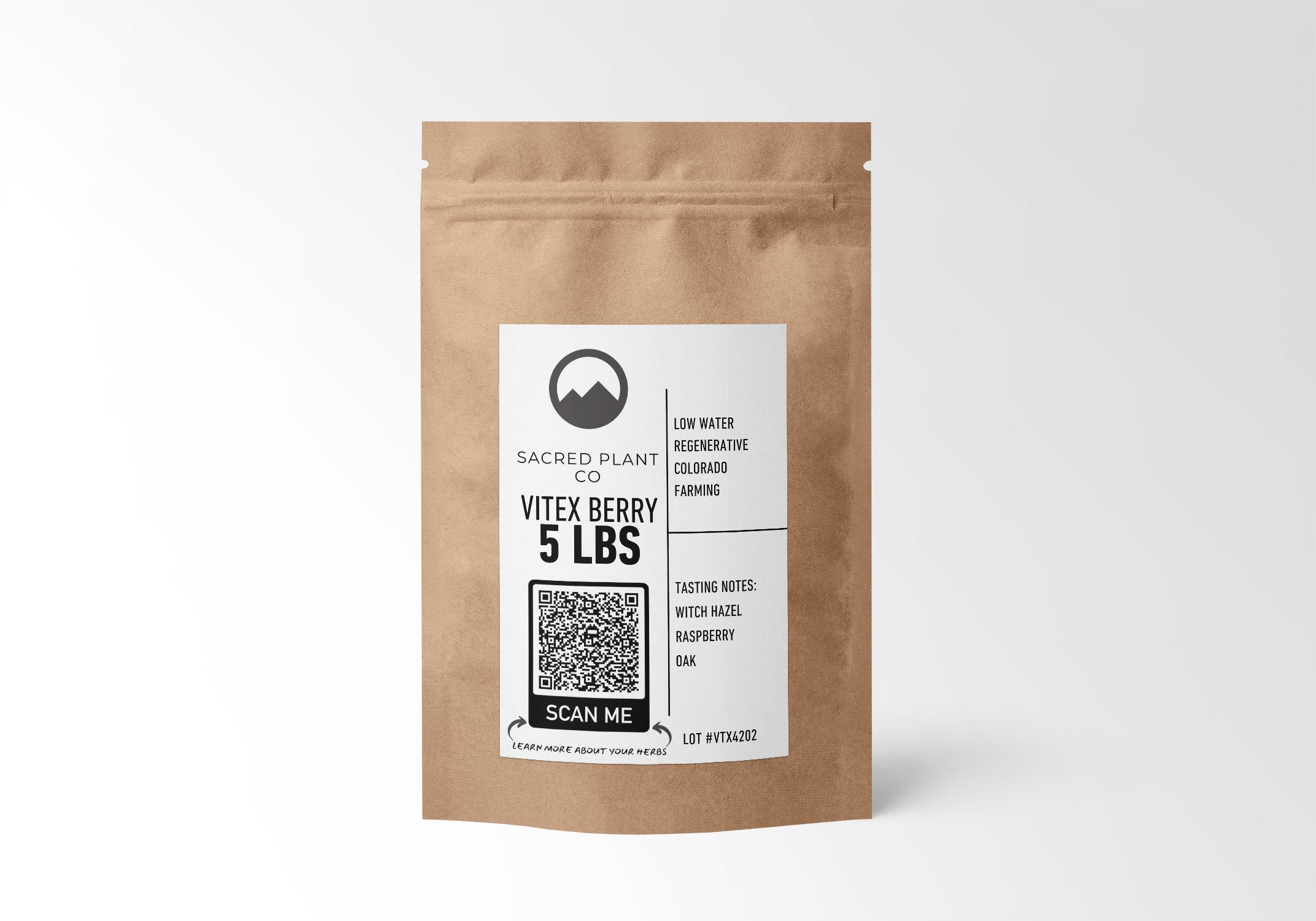A five-pound bag of Sacred Plant Co. Vitex Berry, showcasing the company&