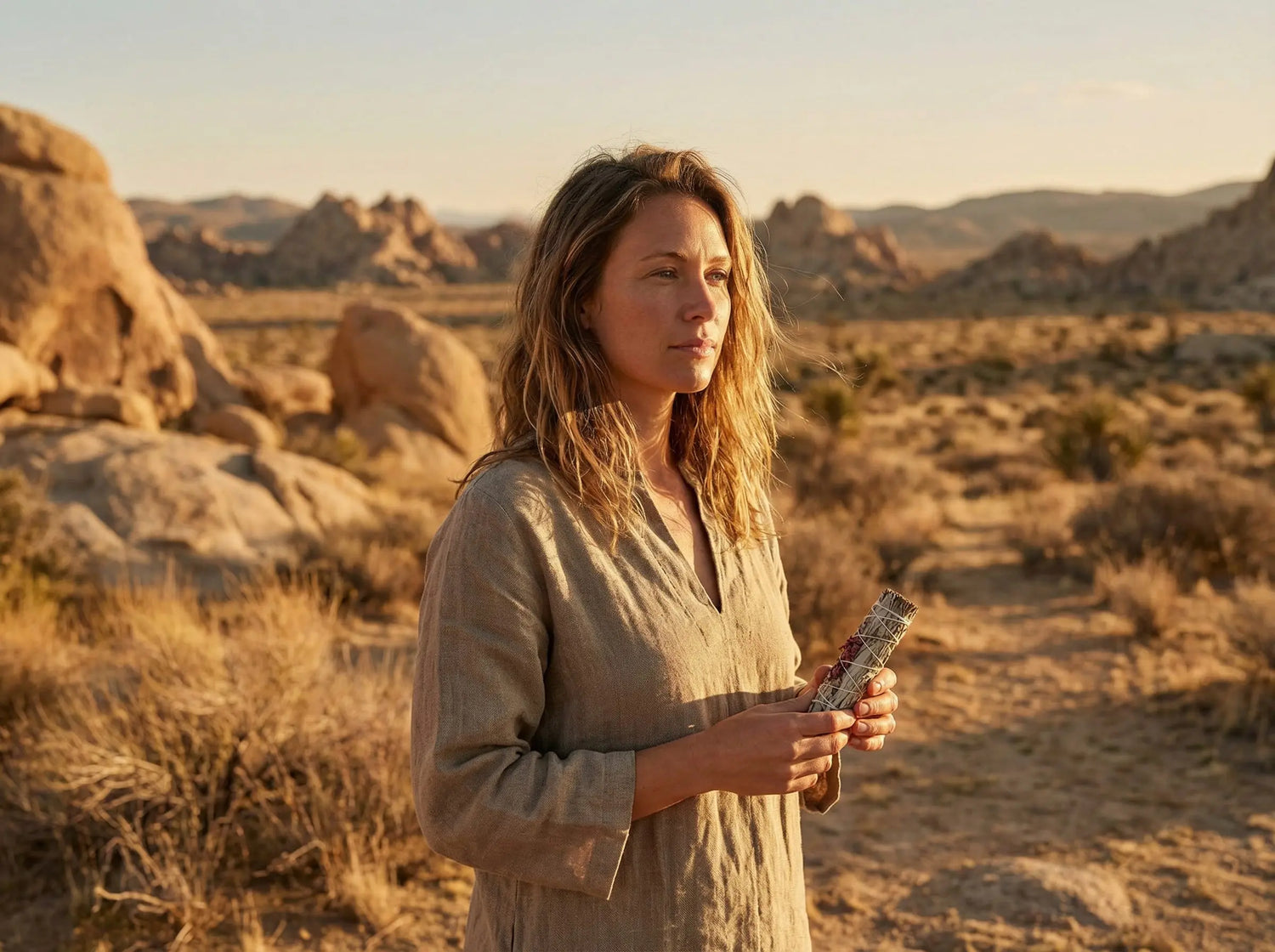 White sage smudge stick held outdoors in a desert landscape, reflecting the plant’s natural environment.