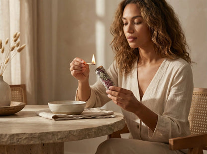 White sage smudge stick being lit with a match above a stone bowl in a ritual setting.