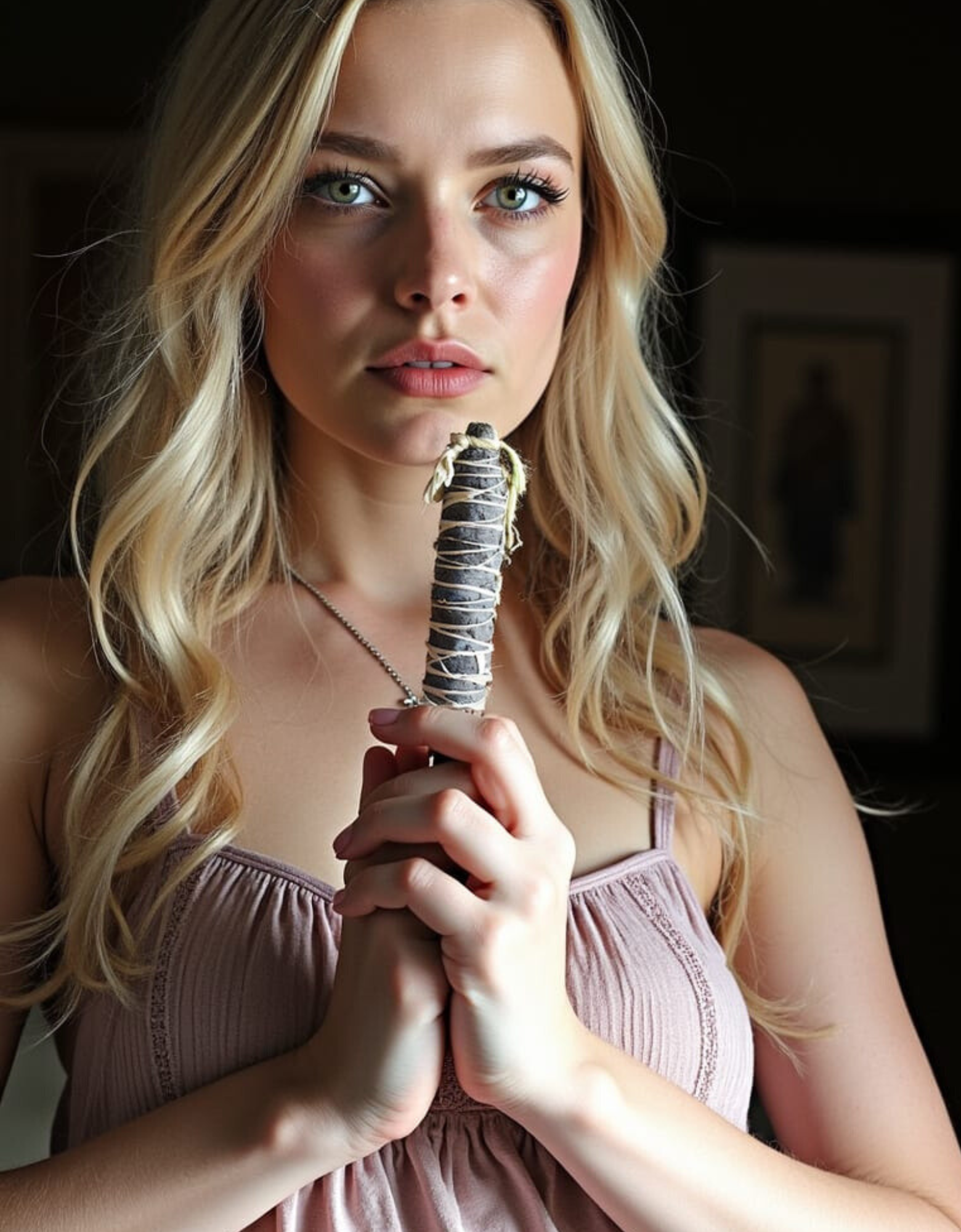 Blonde woman in a soft pink dress holding a consecrated white sage smudge stick close to her heart, emphasizing purity and spiritual cleansing.