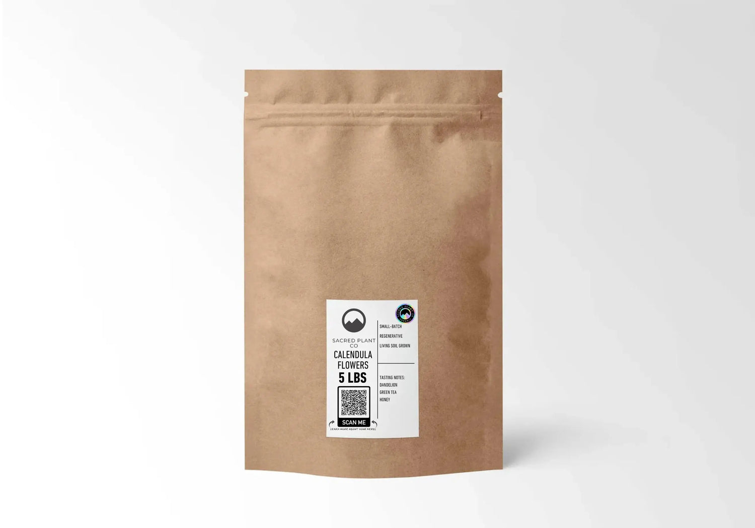 A large 5 lb bulk bag of organic Calendula flowers, designed for high-volume herbalists and commercial apothecaries.