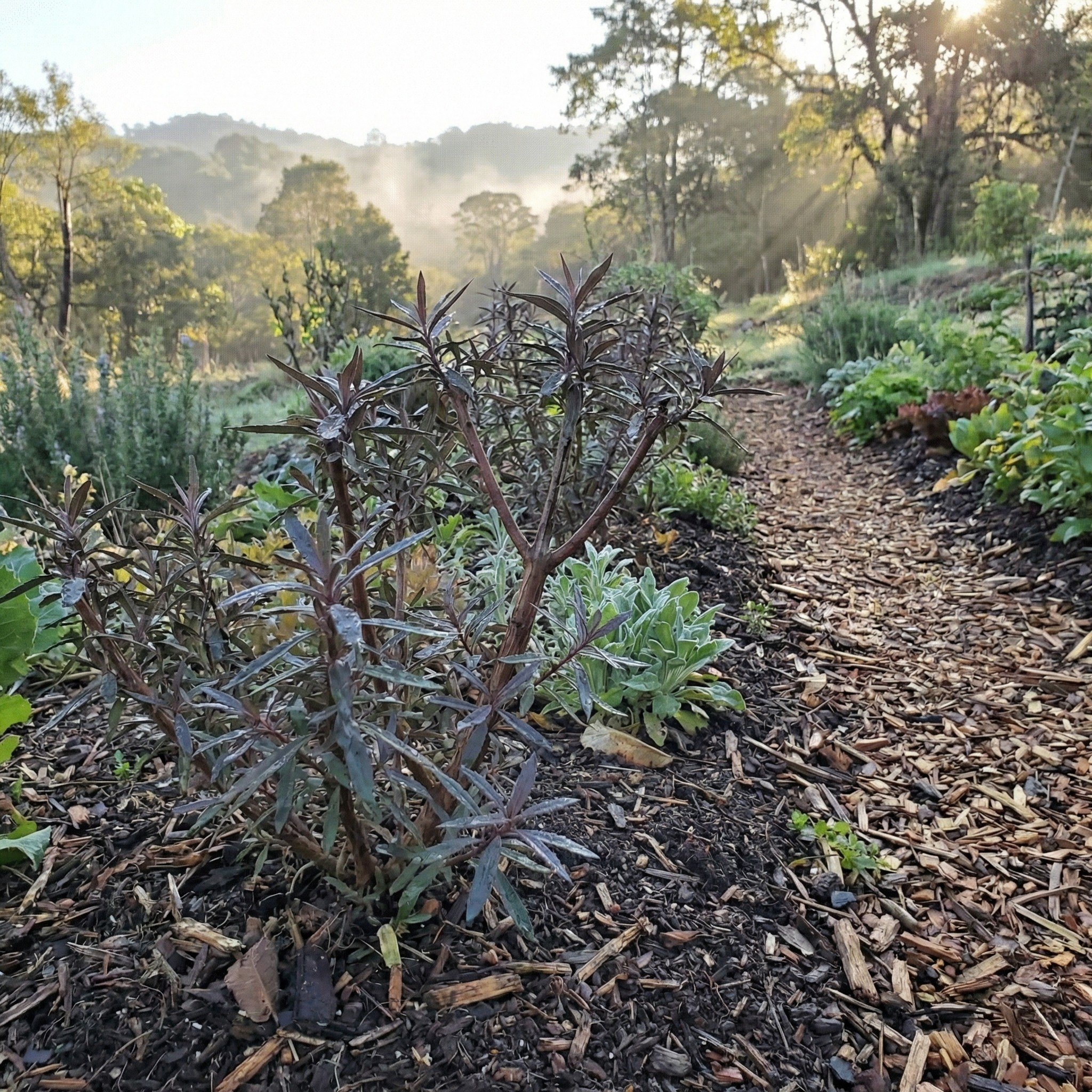 Wild yerba santa plant, near wood chip walkway. 