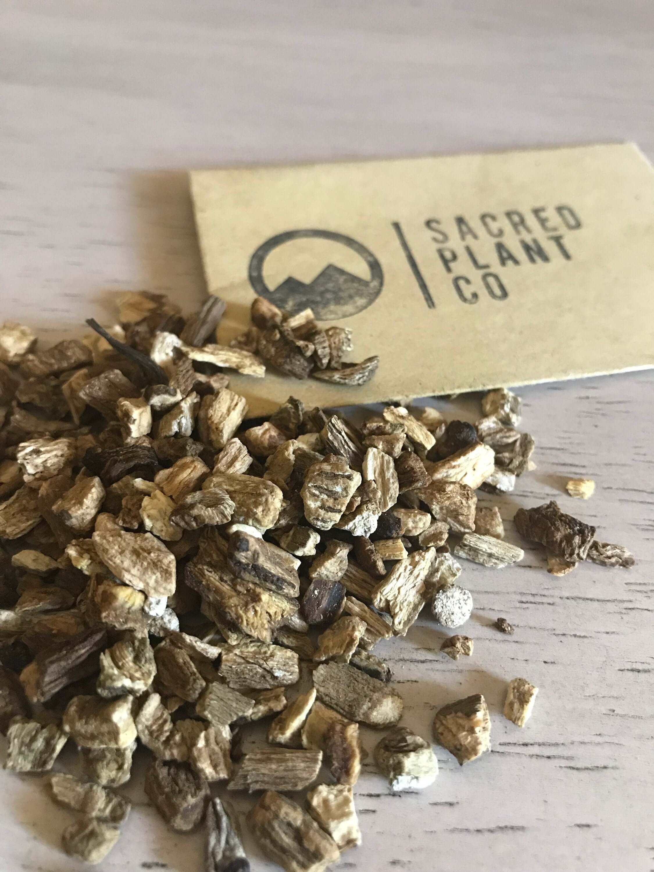 Burdock Root arranged next to Sacred Plant Co label, with an angled perspective highlighting superior herbal quality.