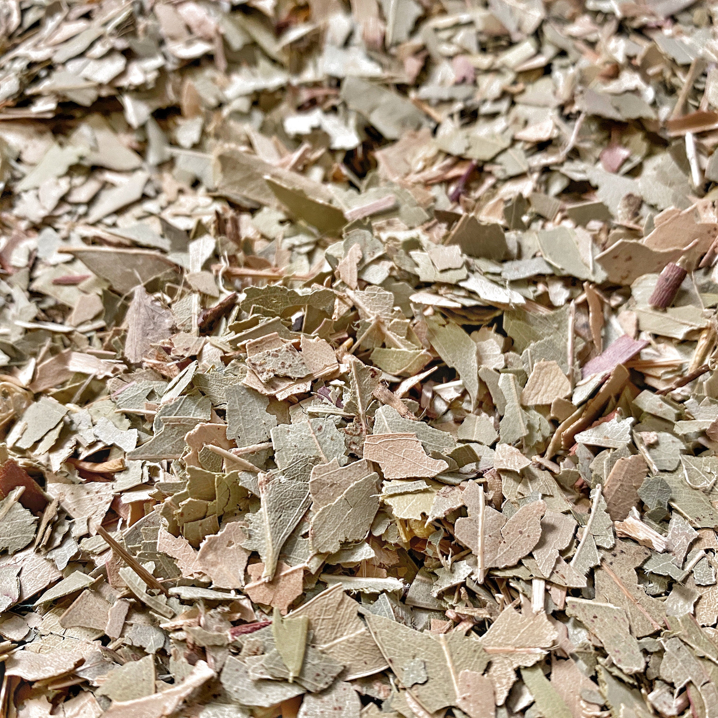 A close view of cut and sifted eucalyptus leaves, with detailed texture and color variation, suitable for herbal uses