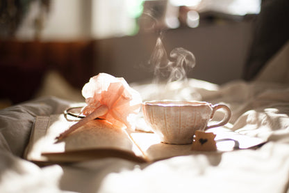 A tranquil scene with a cup of hot chaga tea casting steam above, next to a journal, capturing a moment of relaxation with Sacred Plant Co&